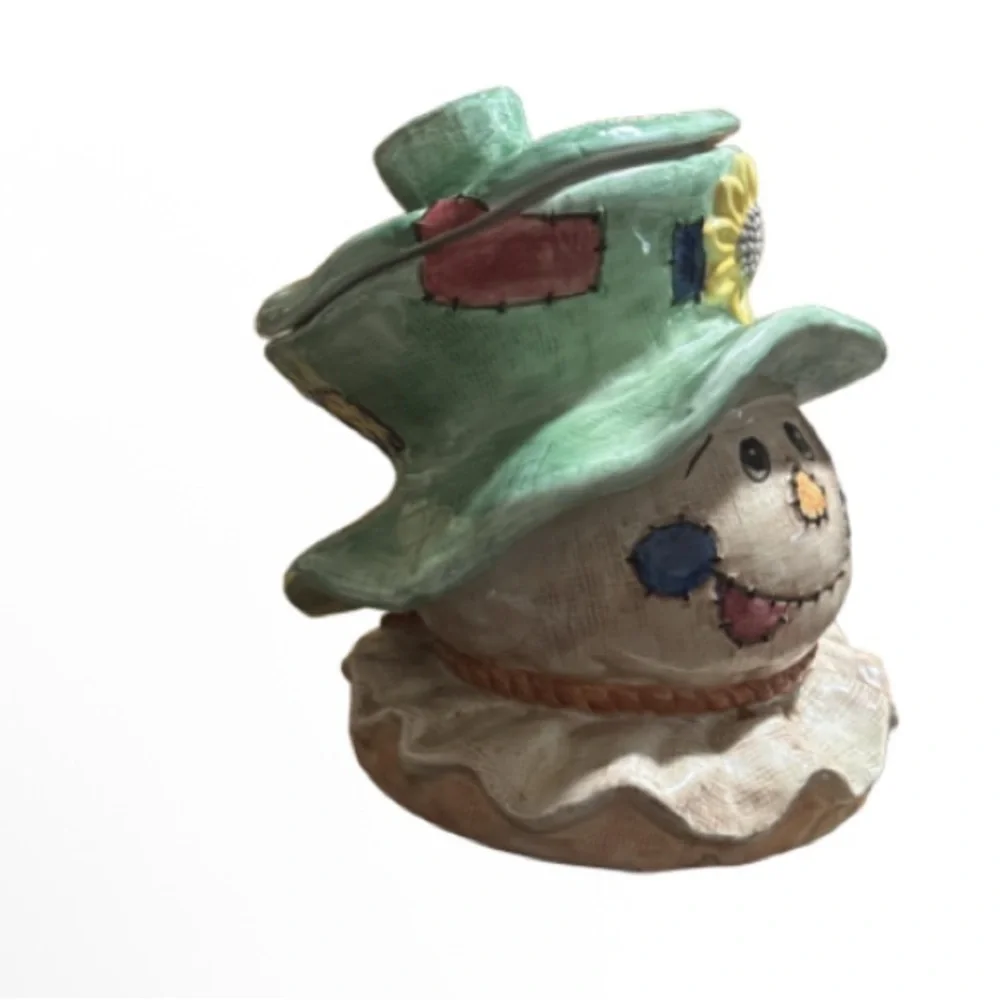 Autumns Bounty Charming Scarecrow Ceramic Accent with Green Hat